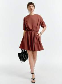 SHEIN Clasi 女士纯色圆领短袖荷叶边下摆休闲连衣裙 - 咖啡 - 查看 3