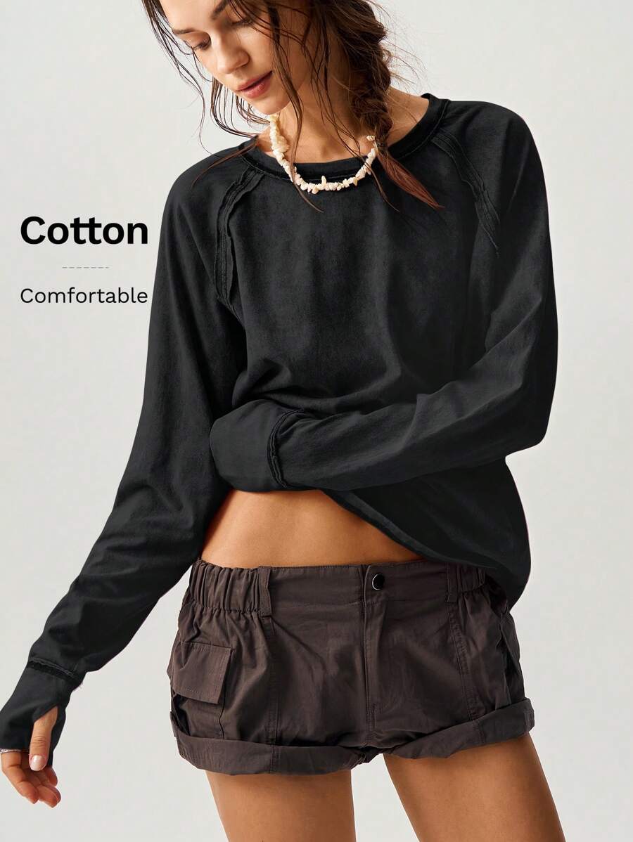 Bohemela Camiseta de manga larga de punto holgada de cuello redondo de color liso para mujer