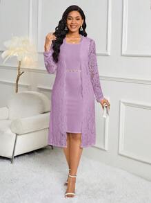 SHEIN Lady Vestidos largos de punto con encaje blancos elegantes de talla grande para otoño e invierno, conjuntos de talla grande