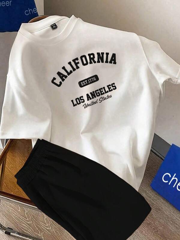 SHEIN 2er Set Teenager Jungen Sommer T-Shirt mit Buchstaben Muster Rundhalsausschnitt Kurzarm und Shorts mit Kordelzug Taille, Schulanfang; Frühjahrs Bekleidung; Teenagerjungen Kleidung; Teenagerjungen Jacken, Frühjahr Schulanfang