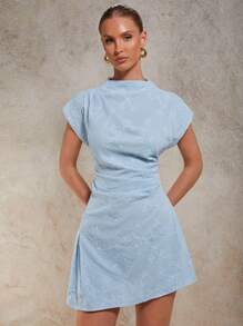 COSMINA Women's Floral Embroidery Stand Collar Batwing Sleeve Ruffle Hem Mini Dress Baby Blue Dress