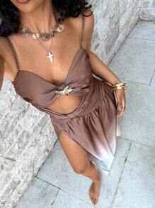 SHEIN Swim Women's Gradient Color Cut-Out Side Slit Sleeveless Cover-Up Dress, Vacation For Summer - Brown - View 4