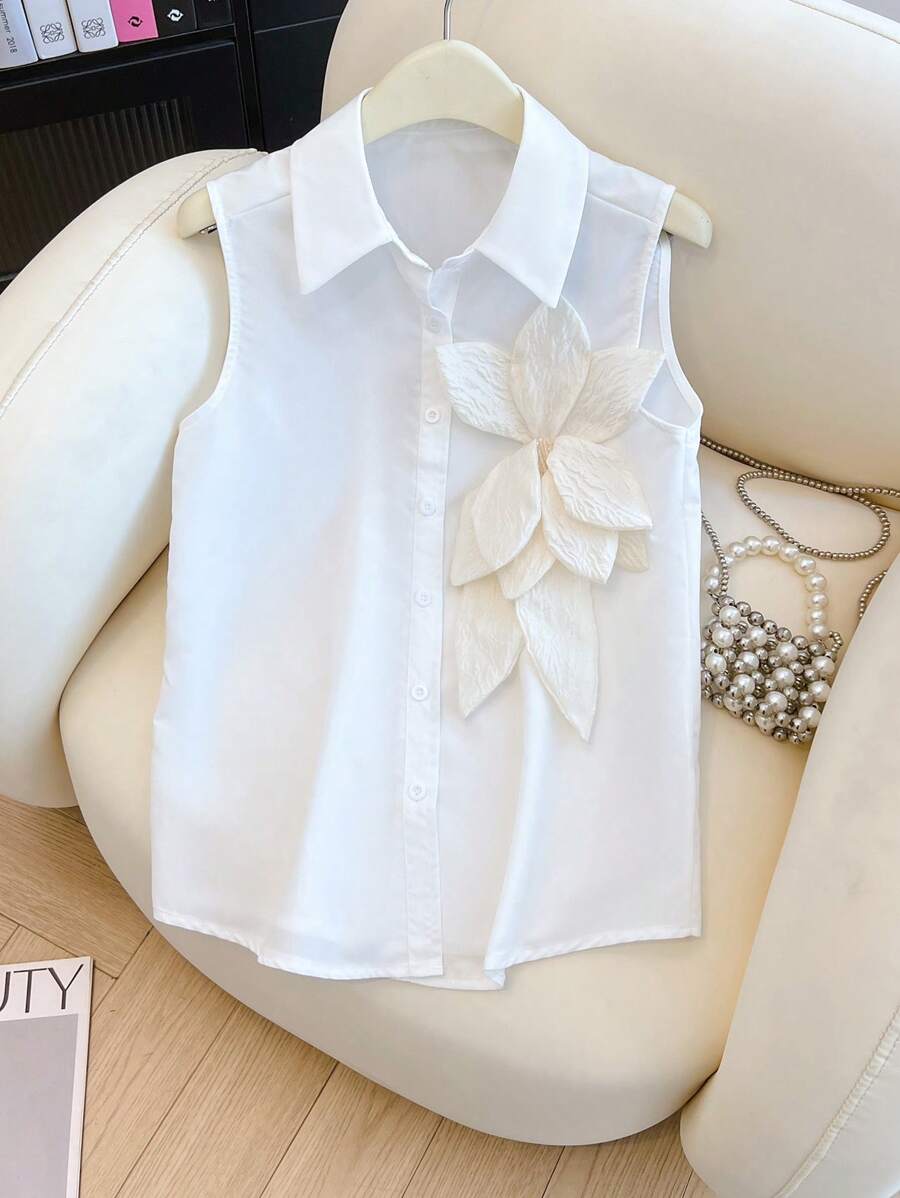 Chiquease Elegant Solid Color Floral 3D Decor Sleeveless Shirt - White - View 1