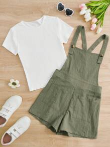 SHEIN LUNE 2pcs/Set Casual Versatile Plus Size Women's T-Shirt And Bib Shorts Jumpsuit Country Concert Outfit Graduation Outfit Summer Outfits For Women Brunch Outfits For Women Mother's Day Church Outfits Women - Multicolor - View 2