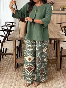 EMERY ROSE 2pcs/Set Plus Size Casual Solid Color Long Sleeve Top And Pants Set