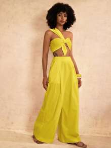 Zivah New Spring And Summer Casual And Elegant Vacation One-Shoulder Chest Knotted Strap Design Back Cropped Top + Wide-Leg Super Trousers White Woven Women's Two Pieces Set-A