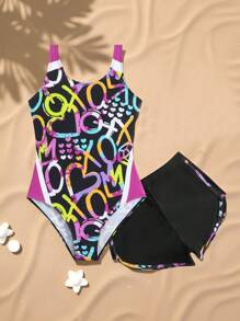SHEIN Nuevo conjunto de traje de baño de una sola pieza con estampado de letras para niñas adolescentes