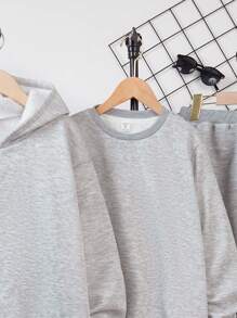 Conjunto de 3 piezas de ropa casual para niños preadolescentes: sudadera cuello redondo de unicolor, chaqueta con capucha de cremallera y pantalones de chándal de punto cálido