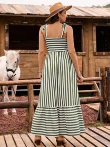LanaWest Women's Shoulder Strap Chest Gathered Striped Dress Maxi Vacation Beach Outfit