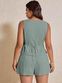 Elaquor Plus Size Summer Casual Solid Color Vest And Shorts 2pcs Set,Business Casual Woman,Two Piece Set Women,Old Money Style Women - Mint Green - View 6