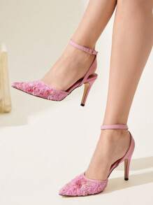 CUCCOO CHICEST Women's Pointed Toe Floral Rose High Heel Shoes, Elegant Sweet Romantic Fashion Pink Mesh Ankle Strap Pumps, Suitable For Formal Occasions, Weddings, Parties, Dates, Holidays, Christmas, Thanksgiving, New Year, Valentine's Day Elegant Shoes Wedding Shoes - Pink - View 4