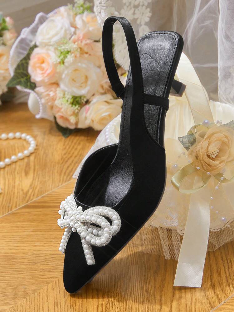 CUCCOO HITCHD Women's Pointed Toe Faux Pearl Bowknot High Heel Shoes, Elegant Luxurious Sweet Romantic Black Satin Ladies High Heels, Suitable For Dress, Wedding, Bridesmaid, Backless, Afternoon Tea, Party, Formal Occasions