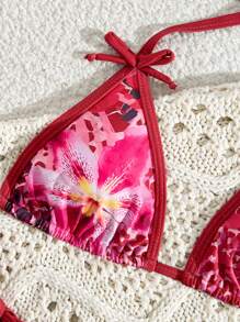 Swim Mod Bộ 2 chiếc/Bộ áo hở cổ in hoa và quần bikini buộc dây bên hông Bộ bikini đi biển thời trang mùa hè - Nhiều màu - Xem 4