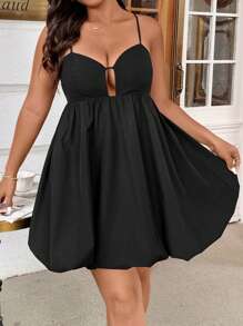 Celure 大码女式夏季优雅休闲通勤黑色拉链肩带花卉泡泡连衣裙