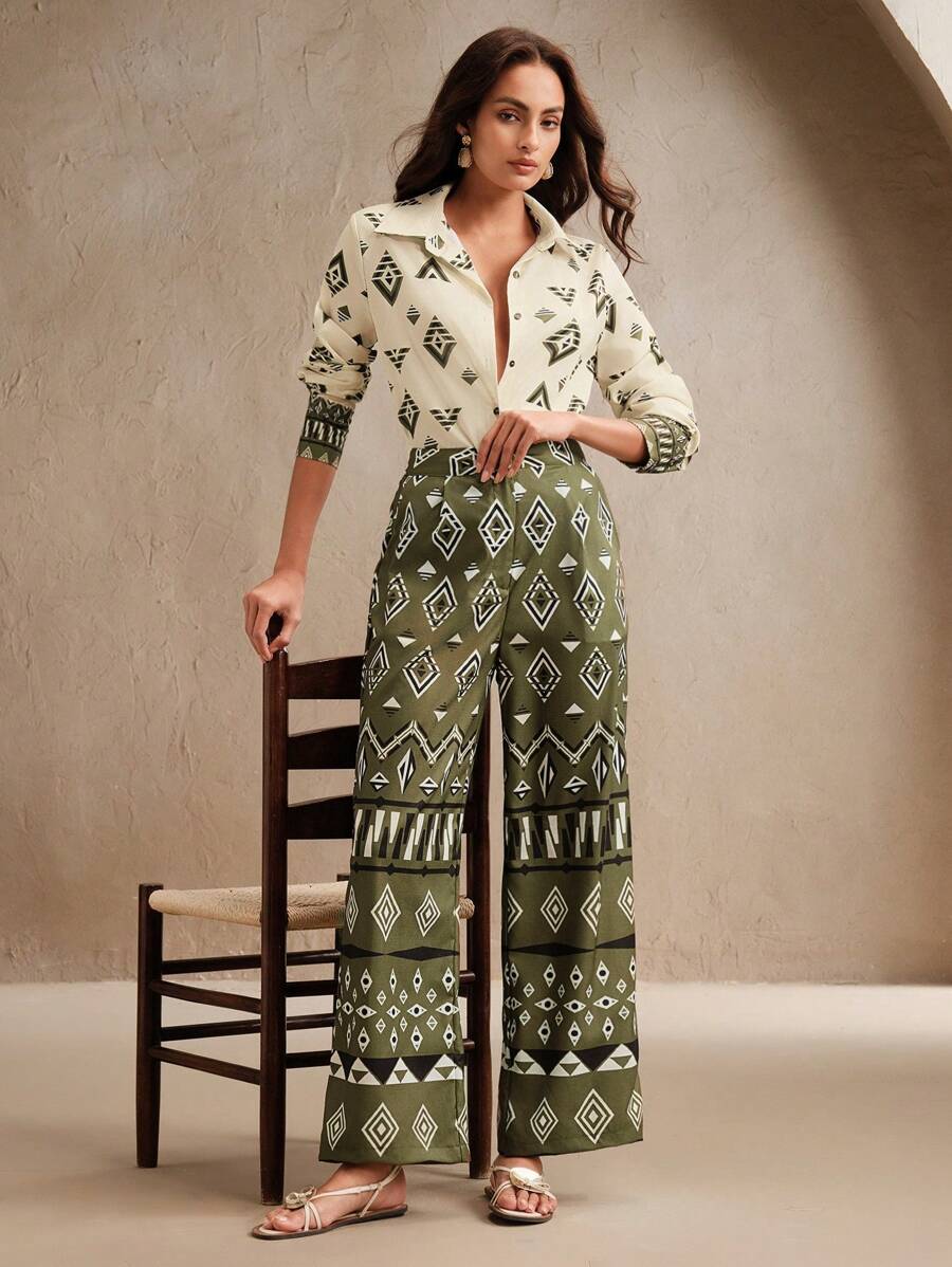 Anewsta Damen Frühling-/Sommer-Zweiteiler mit Diamantgittermuster, hochwertige Mode-Bedrucktes Top und Hose, Lässig, Festival, Urlaub, Feiertag