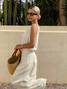 DAZY 2 件套女士纹理不对称领无袖上衣和裤子套装，春夏 - 白色 - 查看 6