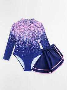 SHEIN 青少年女童连体泳衣（含短裤）两件套，长袖前拉链，全新设计，适合春夏季海滩游泳。彩色扎染渐变图案，亮丽浅色设计，时尚百搭。舒适面料，浅蓝粉色设计，清新时尚 - 藏蓝色 - 查看 6