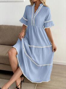 Breezaya Vestido de mujer para resort con decoración de volante con estampado floral de olas - Azul - Ver 4