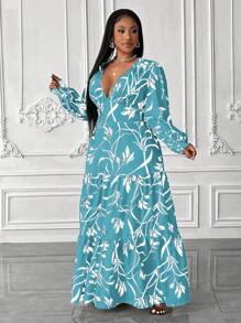 Maweii Váy Maxi in hoa tay bồng cỡ lớn cho nữ, đi nghỉ - Màu xanh lam - Xem 5