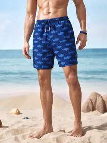 Shark Week X SHEIN Men's Summer Shark Print Drawstring Waist Beach Shorts - Navy Blue - View 3