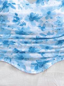 Soleia 2 件套女士度假扎染蓝色碎花修身吊带背心和迷你裙套装，非常适合情人节约会、下午茶、派对海岛度假装 - 藍白色 - 查看 4