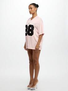 SUMWON WOMEN Oversized Varsity Jersey V Neck Tee Mesh Baller Applique Street Style Fashion Lounge Oversize Fit - Pink - View 4