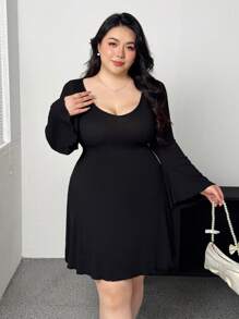 Flirla Váy cổ chữ V có gân Plus size nữ mùa xuân hè màu trơn thường ngày - màu đen - Xem 3