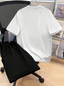 SHEIN 2 件套青少年男童休闲白色短袖 T 恤和短裤套装，街头朋克摇滚学院风，适合日常、派对、音乐节，适合春夏季 - 黑色 - 查看 2