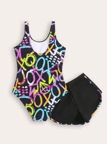 SHEIN Nuevo conjunto de traje de baño de una sola pieza con estampado de letras para niñas adolescentes