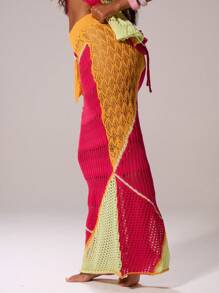 MUSERA Low Rise Textured Crochet Knit Fishtail Hem Contrast Panel Maxi Skirt Ibiza Sexy Vacation Holiday Spring Summer Festival Beachwear Romantic Elegant Birthday Cover Up Tequila Sunrise, Beach Club Chic - Multicolor - View 3