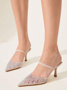 CUCCOO CHICEST Women's Pearly Rhinestone Transparent Jelly Pointed Toe Backless High Heel Pumps, Sexy & Elegant For Christmas - Beige - View 4