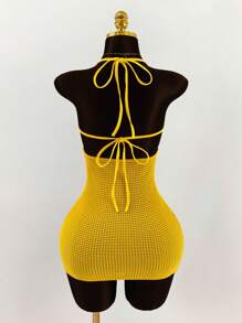 Amplova Summer Outfits For Women Vacation Pearl Shell Print Halter Back Tie Up Bodycon Mini Dress,Party Dress - Yellow - View 6