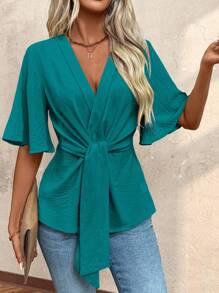 Breezaya Women's Plain Color V-Neck Short Sleeve Casual Blouse, Suitable For Summer - Dark Green - View 3