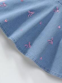 Elladie kids Denimly 女婴休闲都市浅色水洗牛仔连衣裙，粉色蝴蝶和心形泡泡袖 - 中等水洗藍 - 查看 3