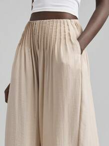 Ontre 2025女夏季纯色褶皱腰宽松阔腿休闲裤，度假风，都市简约，轻松舒适长裤，适合度假，海滩，音乐节，老师 - 卡其色 - 查看 6