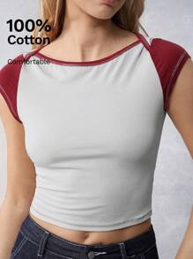 SHEIN EZwear Kontrast-Farbiges T-Shirt, amerikanisch, lässig, Retro-Stil - Verschiedenfarbig - Übersicht 1