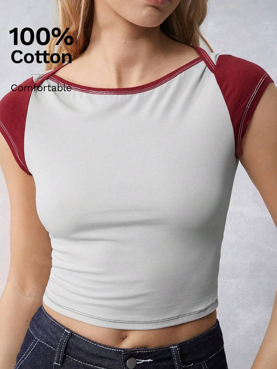 SHEIN EZwear Kontrast-Farbiges T-Shirt, amerikanisch, lässig, Retro-Stil - Verschiedenfarbig - Übersicht 1