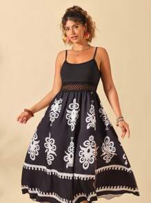 Breezaya Vestido casual de vacaciones para mujer de talla grande, con cuello en V sin mangas, estampado retro, combinación de materiales, remiendo, cintura, encaje floral, calado y abertura en el bajo, diseño ajustado. Nueva llegada del verano de 2025.