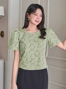 DAZY 女士优雅宝石领泡泡袖串珠婚礼宾客T恤工作女装复活节 - 綠色 - 查看 4