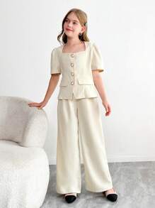 SHEIN 少女优雅杏色短袖珍珠纽扣衬衫和阔腿裤套装 - 杏色 - 查看 7