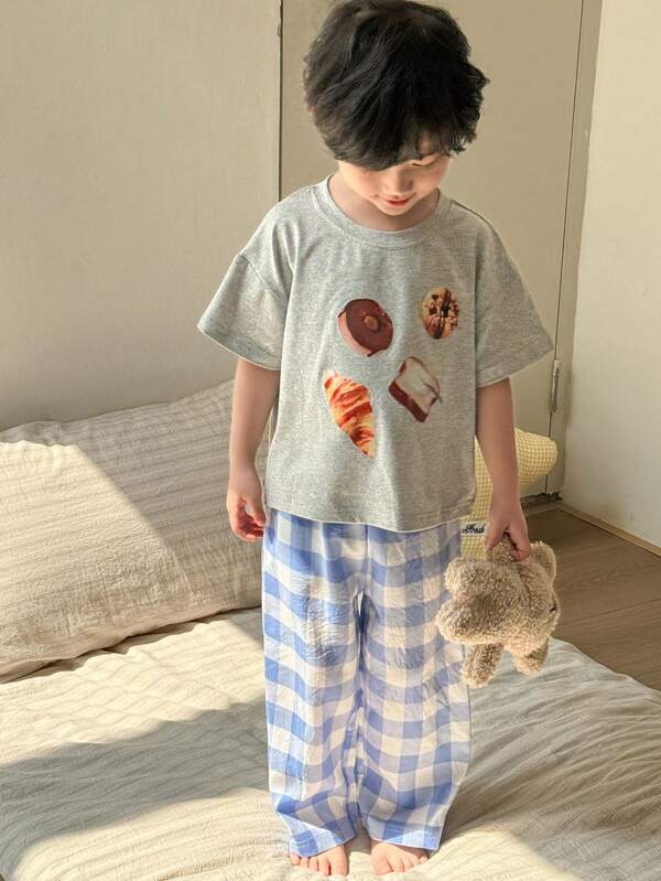 SHEIN 2pcs Toddler Boys Set Korean Fashion Gray Short Sleeve Woven Long Pants Loose Fit Casual Homewear Outfit