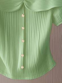 Women's Elegant Ruffle Button Bodycon Short Sleeve T-Shirt - Green - View 4