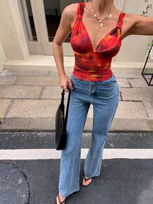 SHEIN Essnce Women's Red Semi-Sheer Knitted Casual Tank Top With Ruched Detail And Strap Neckline - Red - View 6