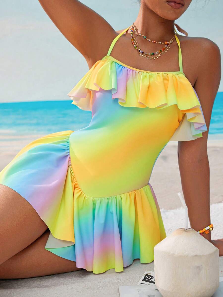 SHEIN Swim Casual Summer Holiday Beach One-Piece Swimsuit, Material - Multicolor - View 1