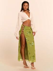 SHEIN BAE 女式高开叉性感时尚短裙，适合夏季/泳衣/夏季/海滩/女士沙滩装/女士度假装/海滩/度假/泳装罩衫/沙滩裙/女士泳装罩衫/下装 - 綠色 - 查看 2