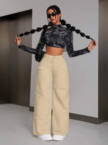 SHEIN PETITE Women's Solid Color Denim Jeans, Stylish For Summer - Camel - View 5