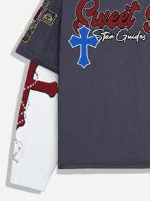 ROMWE MEN Goth Casual Loose Fit Printed Round Neck Long Sleeve T-Shirt With 2 In 1 Design - Dark Grey - View 3