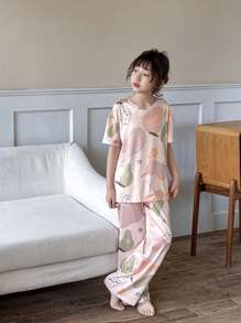 SHEIN Leap Crew 2 件套青少年女孩卡通印花宽松圆领短袖上衣和裤子休闲睡衣家居服套装 - 卡其色 - 查看 3