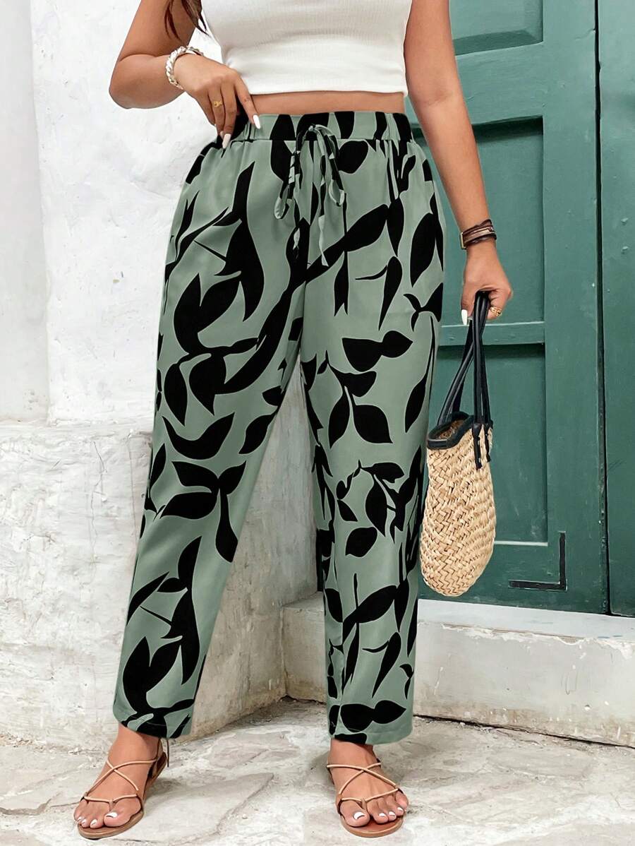 SHEIN Frenchy Plus Size Casual Vacation Plant Print Pants,Summer Pants - Green - View 1
