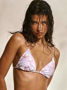 Musera Resort Top de bikini con estampado abstracto, detalles con tirante de perlas y corte triangular para playa, vacaciones, verano, festivales, estilo elegante y Y2K